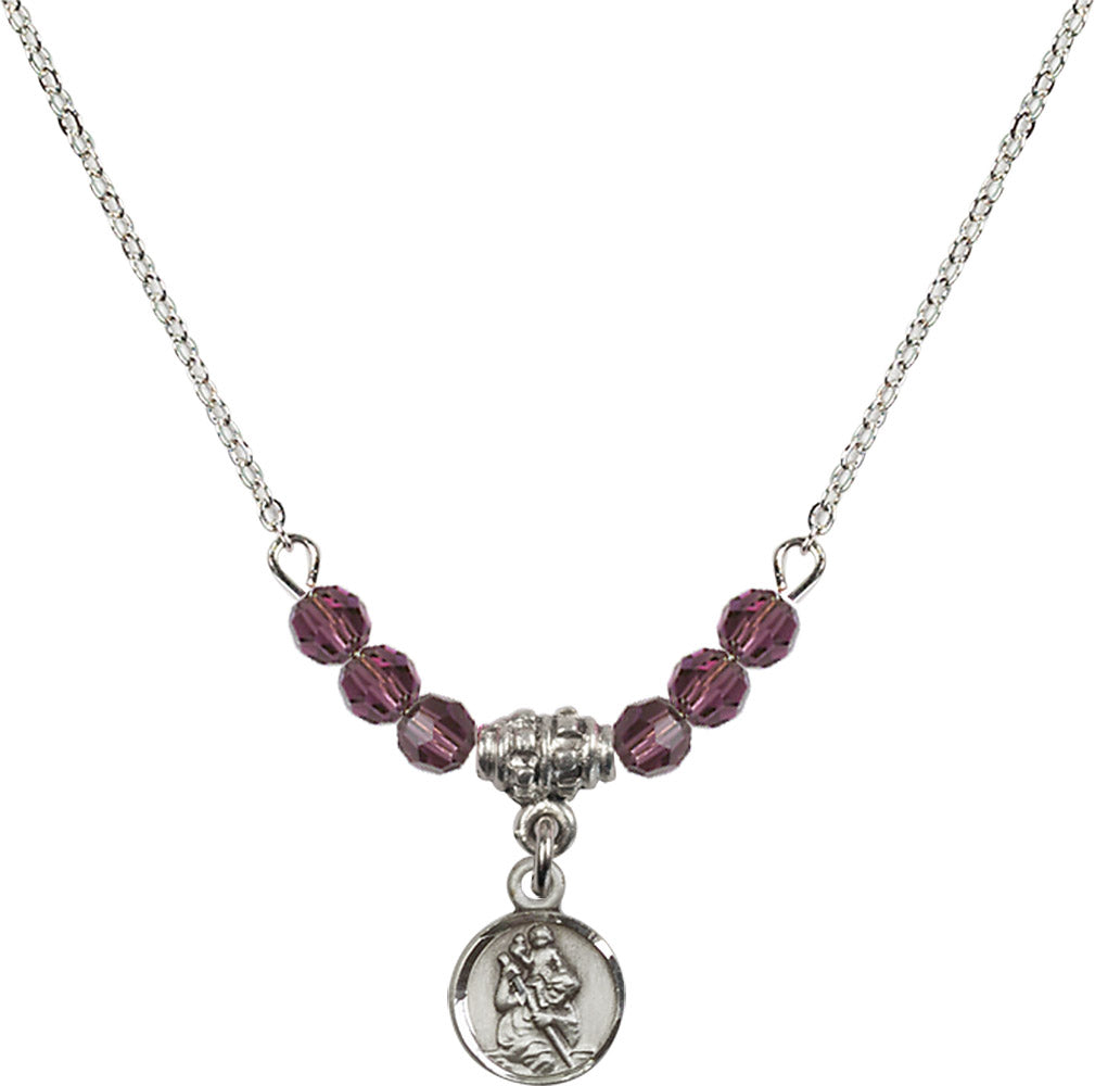 Sterling Silver Saint Christopher Birthstone Necklace with Amethyst Beads - 2343