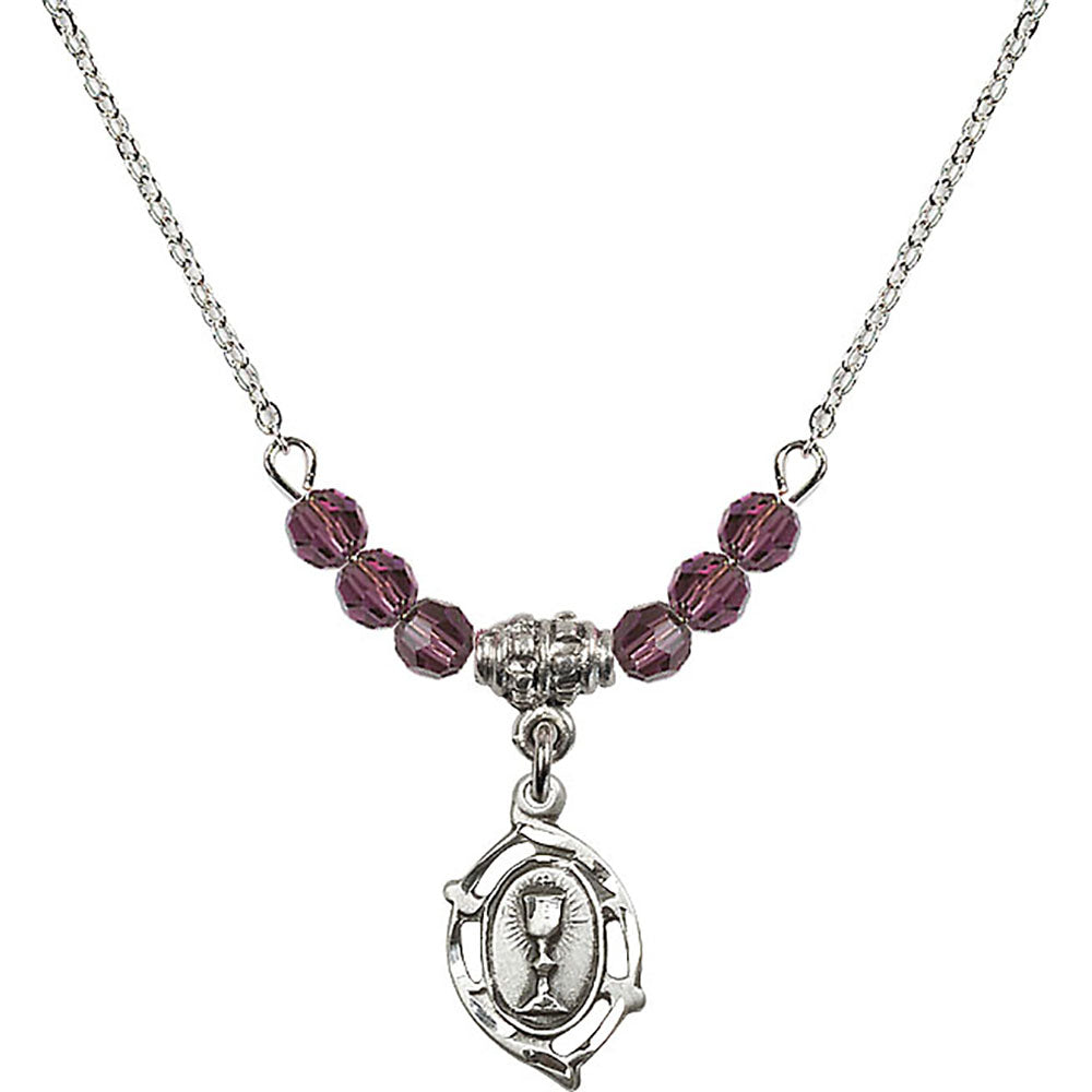 Sterling Silver Communion Birthstone Necklace with Amethyst Beads - 3019
