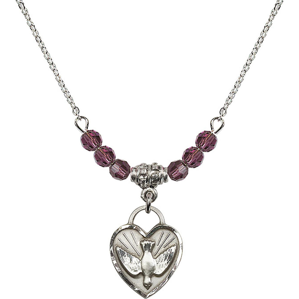 Sterling Silver Confirmation Heart Birthstone Necklace with Amethyst Beads - 3405