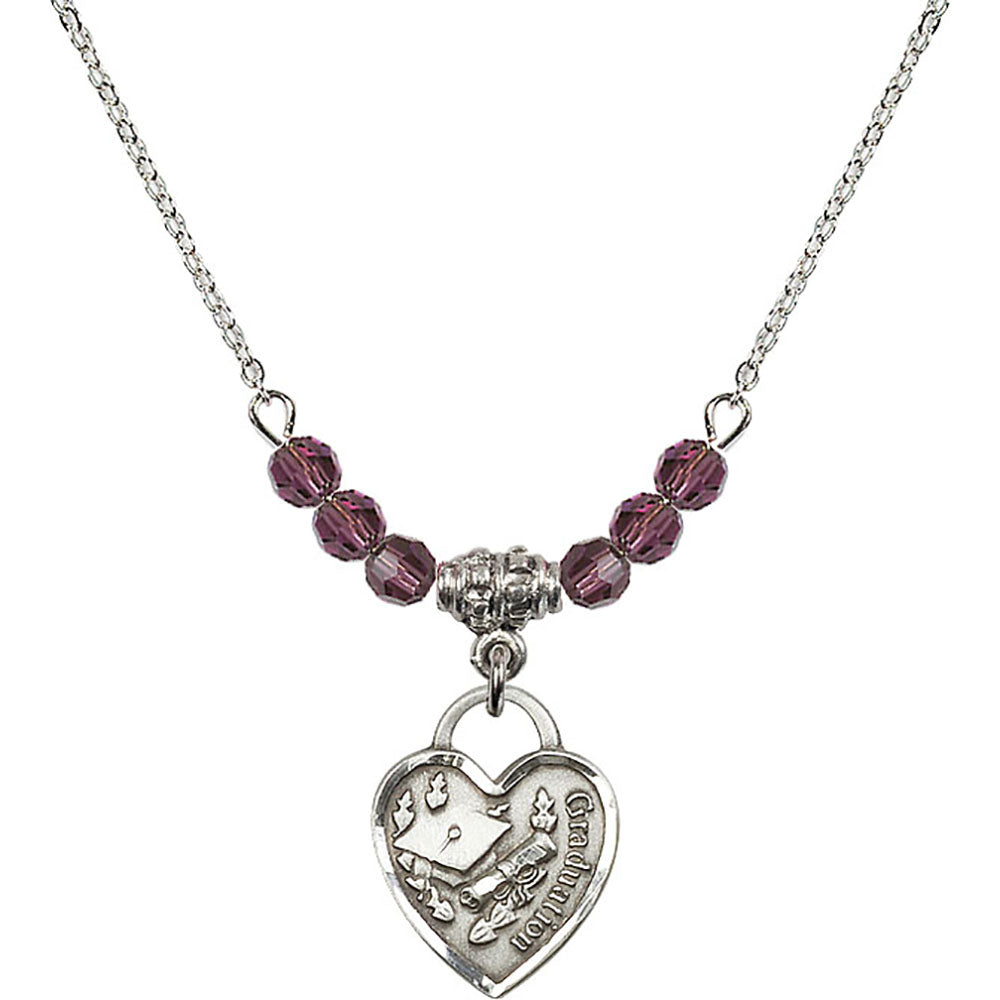 Sterling Silver Graduation Heart Birthstone Necklace with Amethyst Beads - 3406
