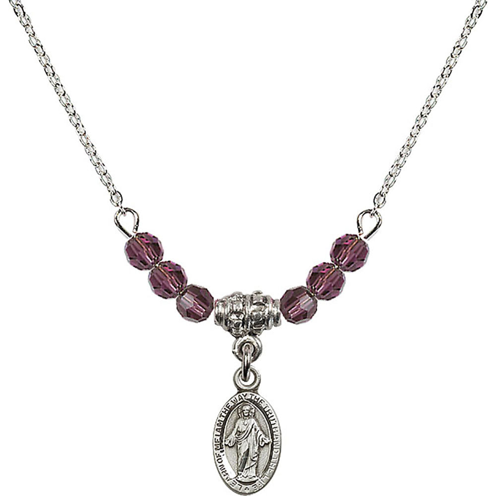Sterling Silver Scapular Birthstone Necklace with Amethyst Beads - 4121