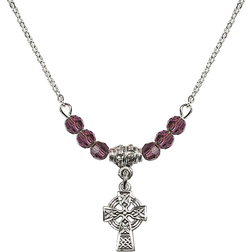 Sterling Silver Celtic Cross Birthstone Necklace with Amethyst Beads - 4133