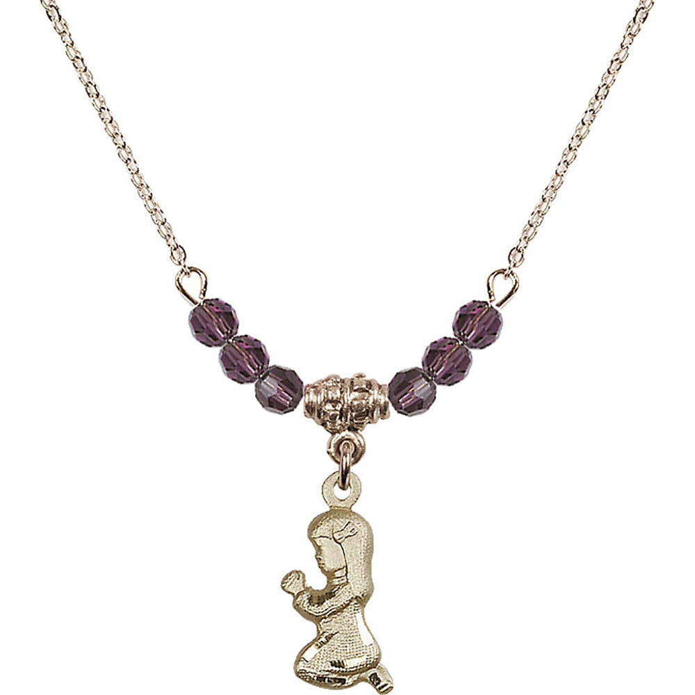 14kt Gold Filled Praying Girl Birthstone Necklace with Amethyst Beads - 4262