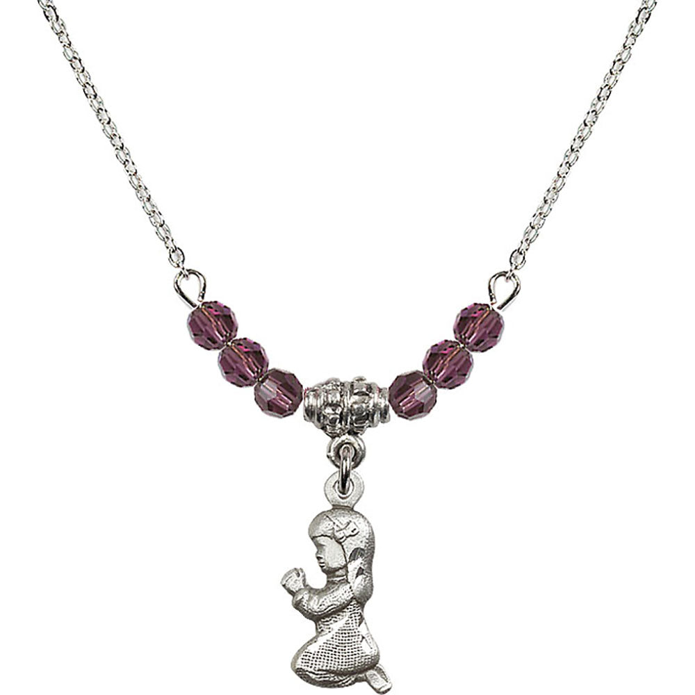 Sterling Silver Praying Girl Birthstone Necklace with Amethyst Beads - 4262