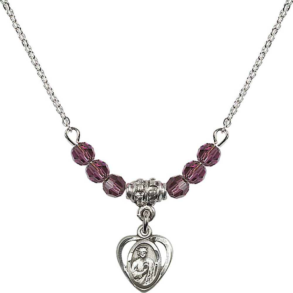 Sterling Silver Saint Jude Birthstone Necklace with Amethyst Beads - 5404