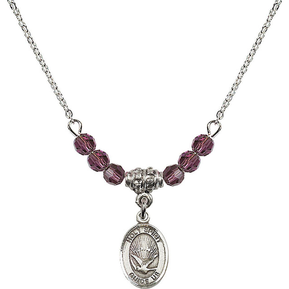 Sterling Silver Holy Spirit Birthstone Necklace with Amethyst Beads - 9044