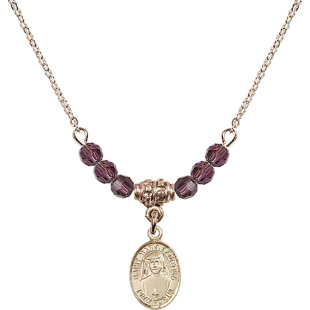 14kt Gold Filled Saint Maria Faustina Birthstone Necklace with Amethyst Beads - 9069