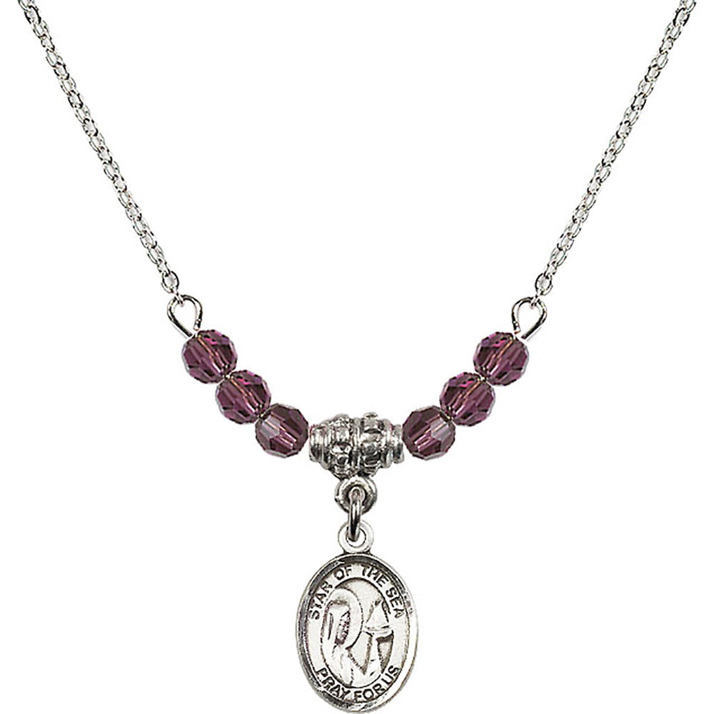 Sterling Silver Our Lady Star of the Sea Birthstone Necklace with Amethyst Beads - 9101