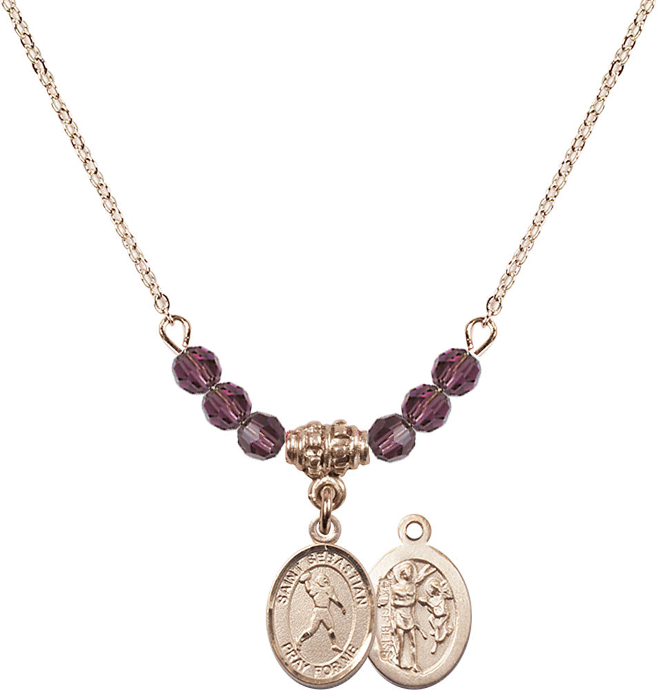 14kt Gold Filled Saint Sebastian/Football Birthstone Necklace with Amethyst Beads - 9161
