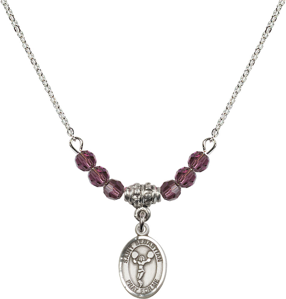 Sterling Silver Saint Sebastian/Cheerleading Birthstone Necklace with Amethyst Beads - 9170