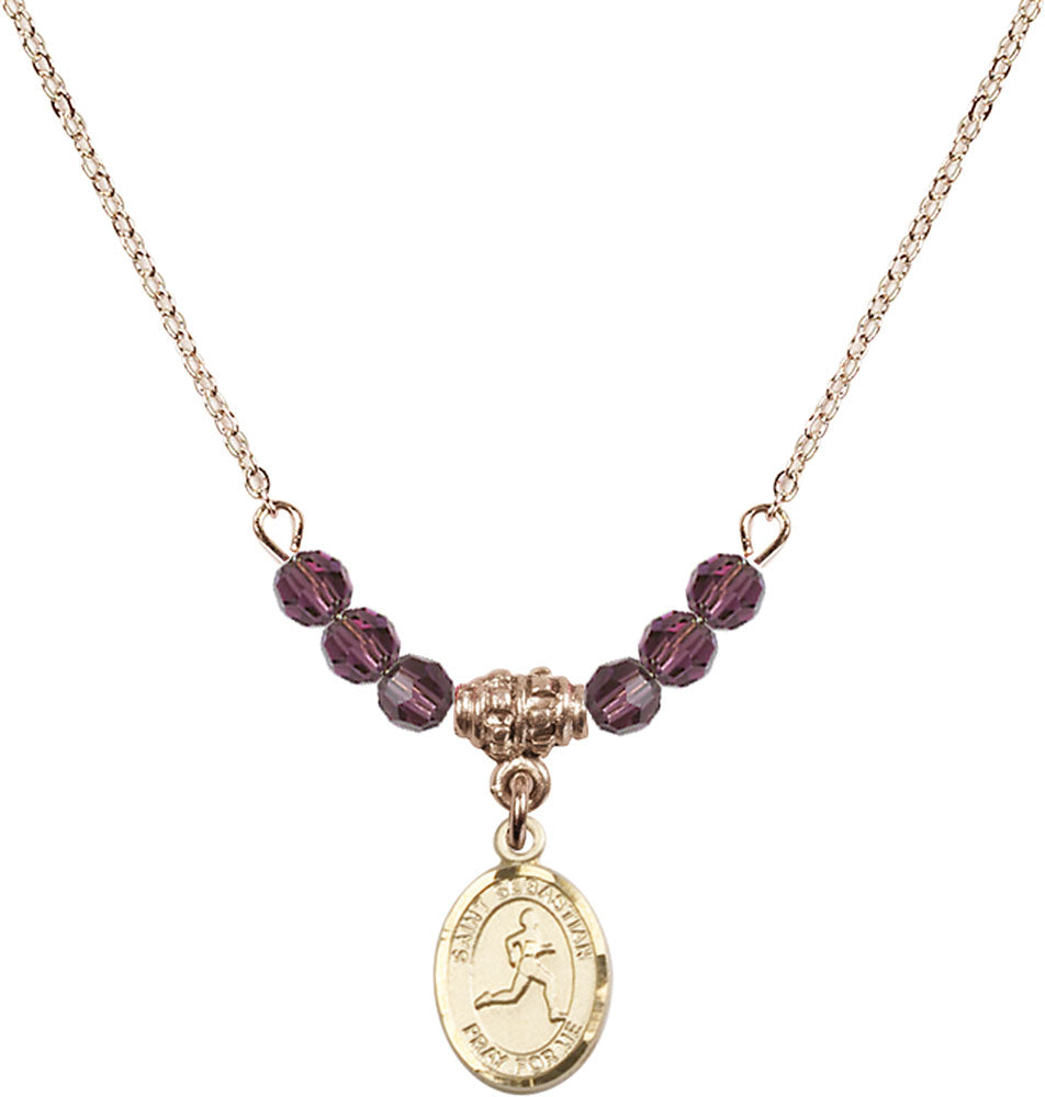 14kt Gold Filled Saint Sebastian/Track & Field Birthstone Necklace with Amethyst Beads - 9176