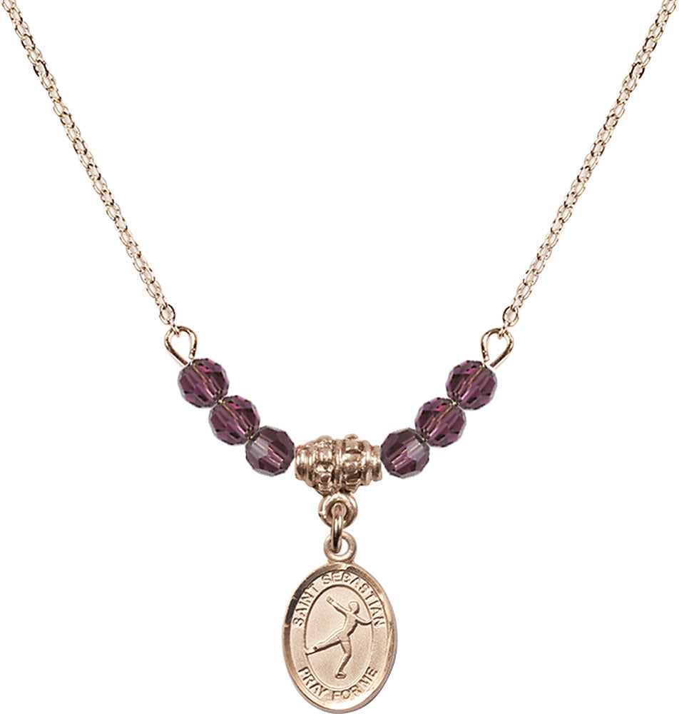 14kt Gold Filled Saint Sebastian/Figure Skating Birthstone Necklace with Amethyst Beads - 9177