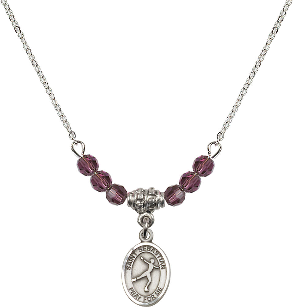 Sterling Silver Saint Sebastian/Figure Skating Birthstone Necklace with Amethyst Beads - 9177