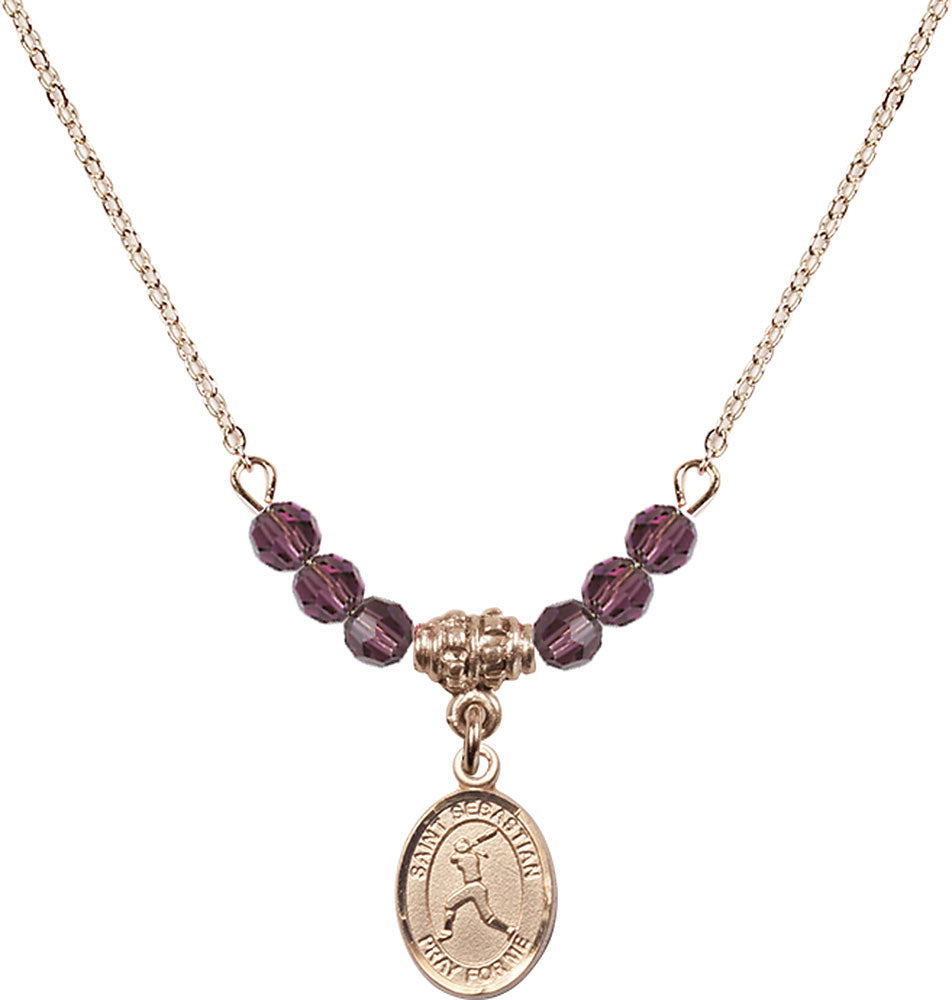 14kt Gold Filled Saint Sebastian/Softball Birthstone Necklace with Amethyst Beads - 9183