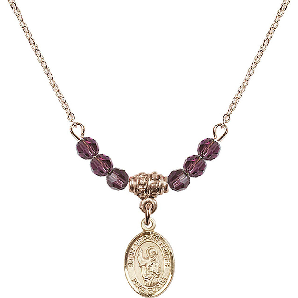 14kt Gold Filled Saint Vincent Ferrer Birthstone Necklace with Amethyst Beads - 9201