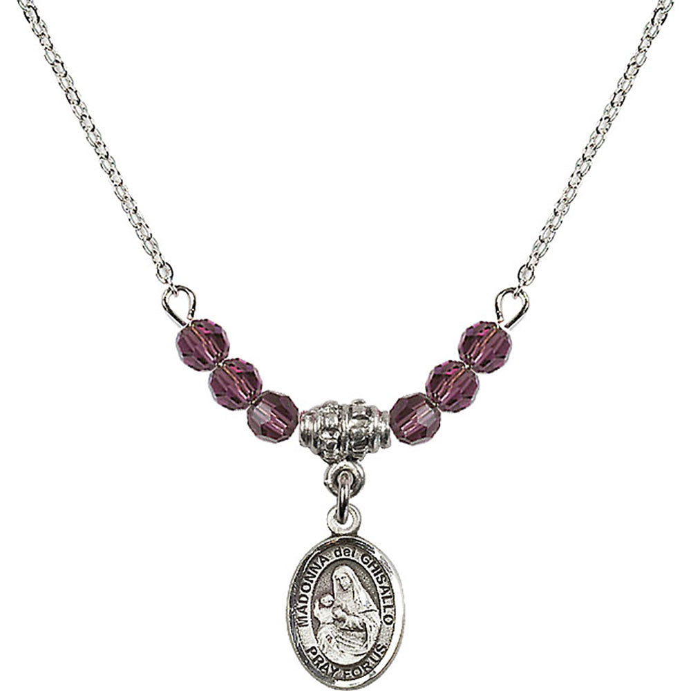 Sterling Silver Madonna del Ghisallo Birthstone Necklace with Amethyst Beads - 9203