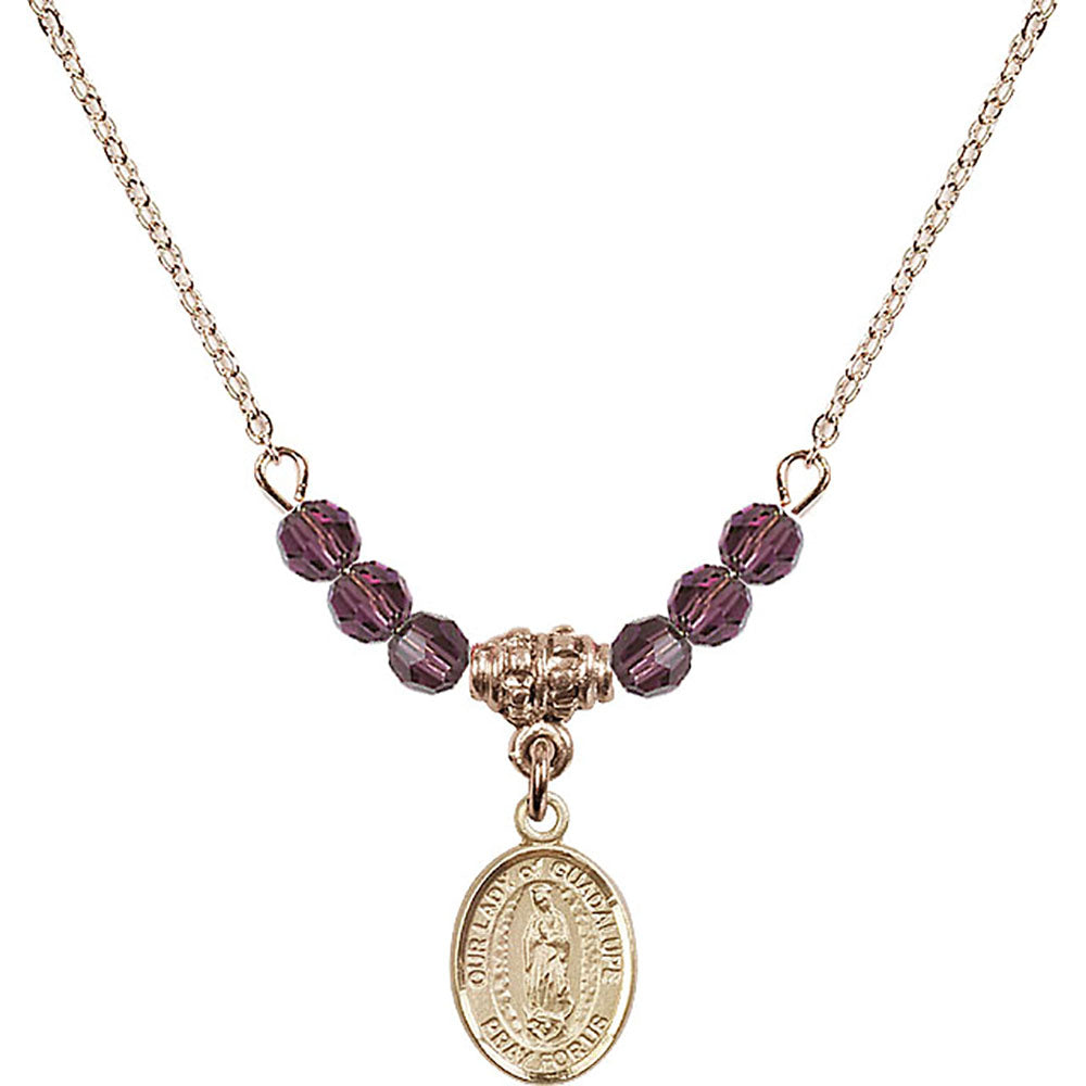 14kt Gold Filled Our Lady of Guadalupe Birthstone Necklace with Amethyst Beads - 9206