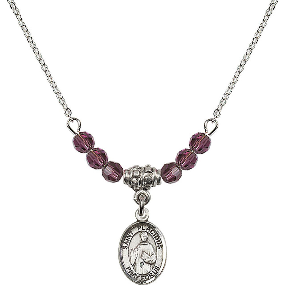 Sterling Silver Saint Placidus Birthstone Necklace with Amethyst Beads - 9240