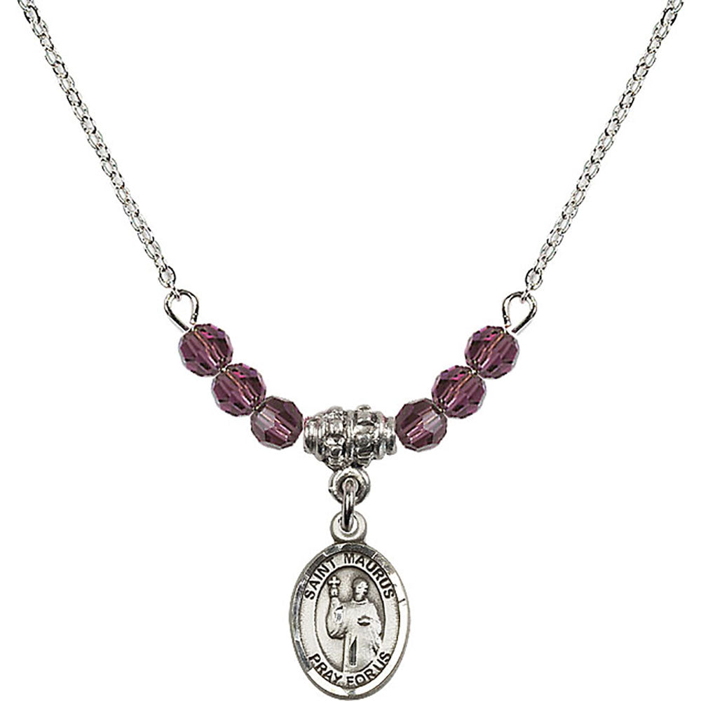 Sterling Silver Saint Maurus Birthstone Necklace with Amethyst Beads - 9241