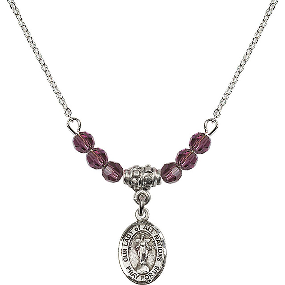 Sterling Silver Our Lady of All Nations Birthstone Necklace with Amethyst Beads - 9242