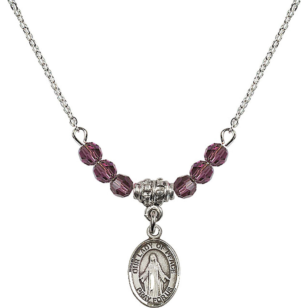 Sterling Silver Our Lady of Peace Birthstone Necklace with Amethyst Beads - 9245