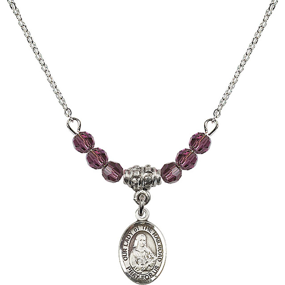 Sterling Silver Our Lady of the Railroad Birthstone Necklace with Amethyst Beads - 9247