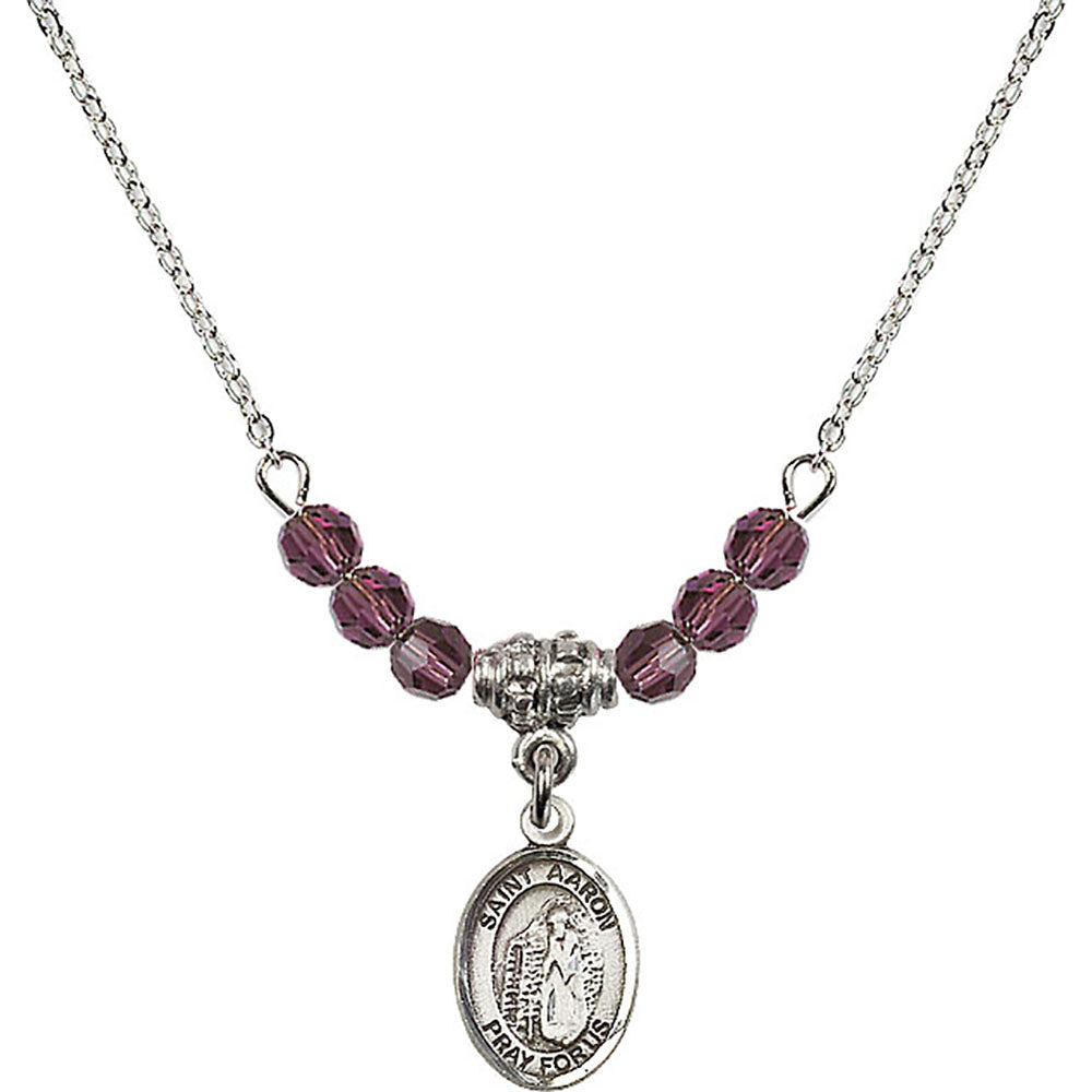 Sterling Silver Saint Aaron Birthstone Necklace with Amethyst Beads - 9254