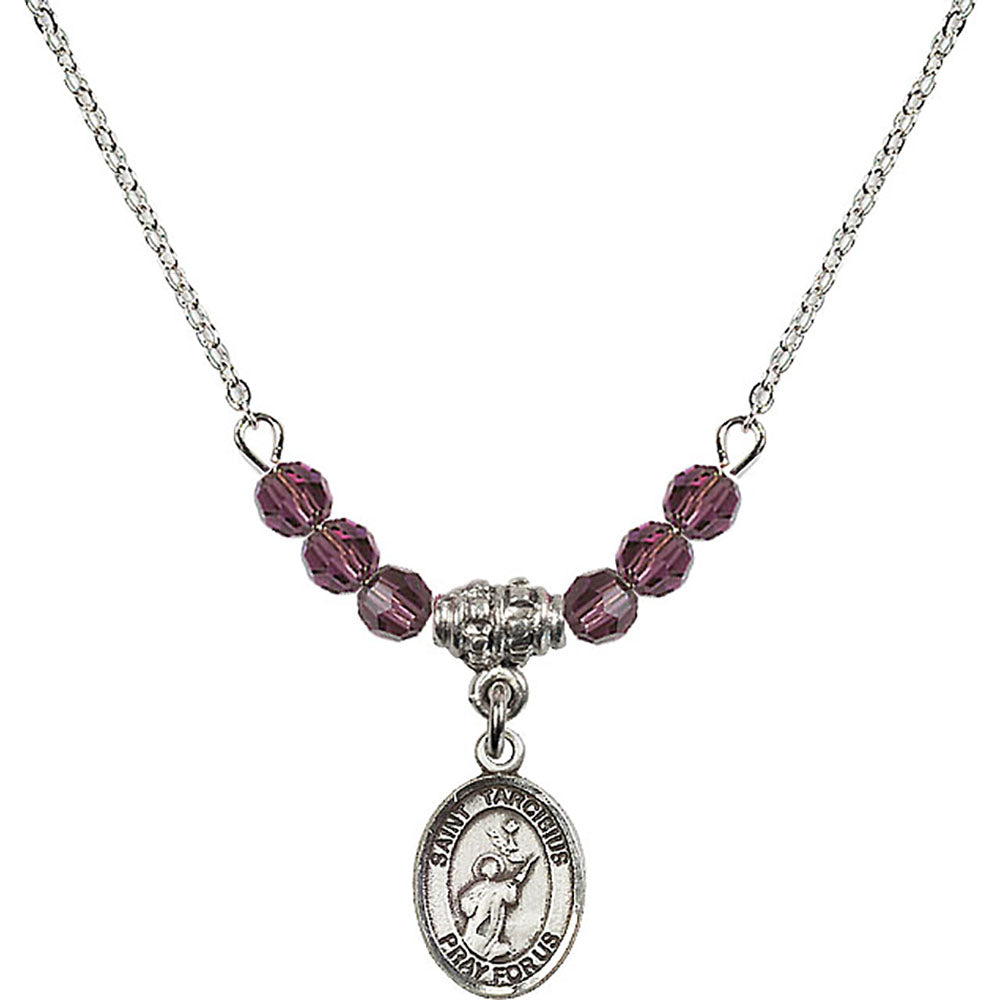 Sterling Silver Saint Tarcisius Birthstone Necklace with Amethyst Beads - 9261