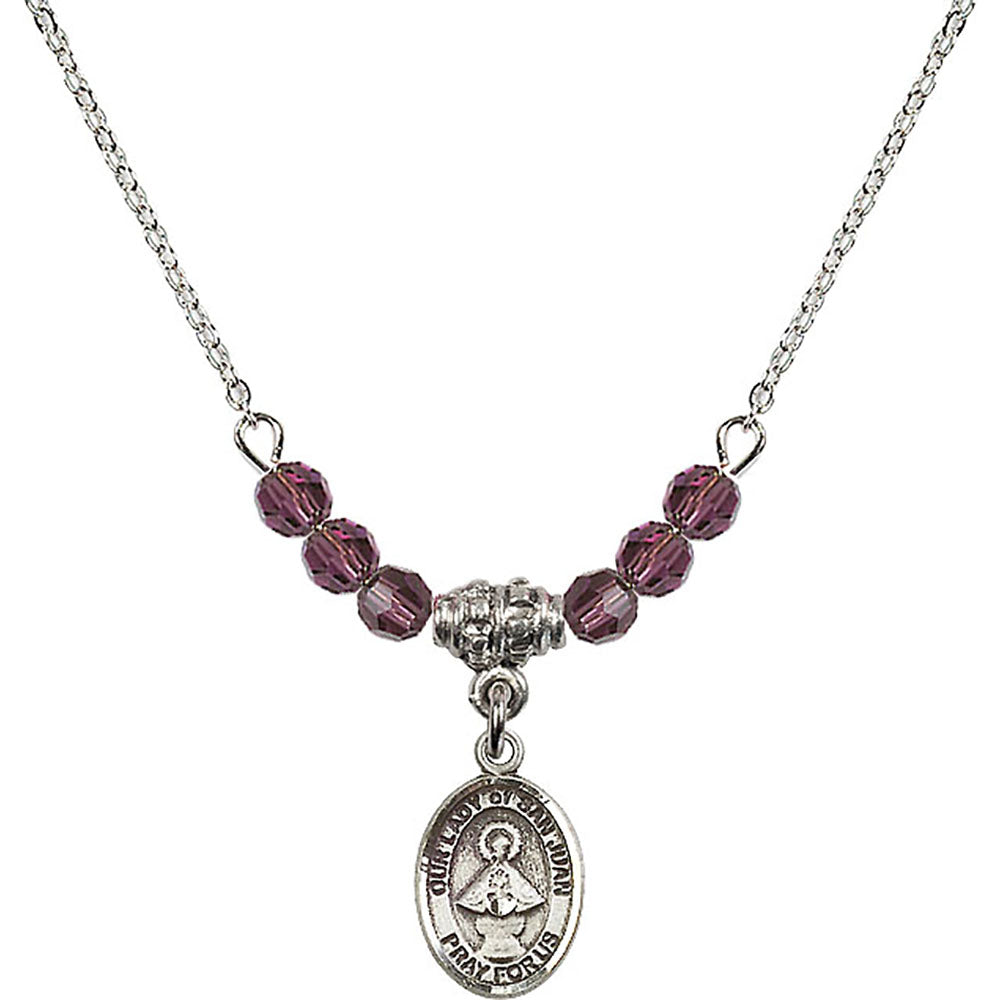 Sterling Silver Our Lady of San Juan Birthstone Necklace with Amethyst Beads - 9263