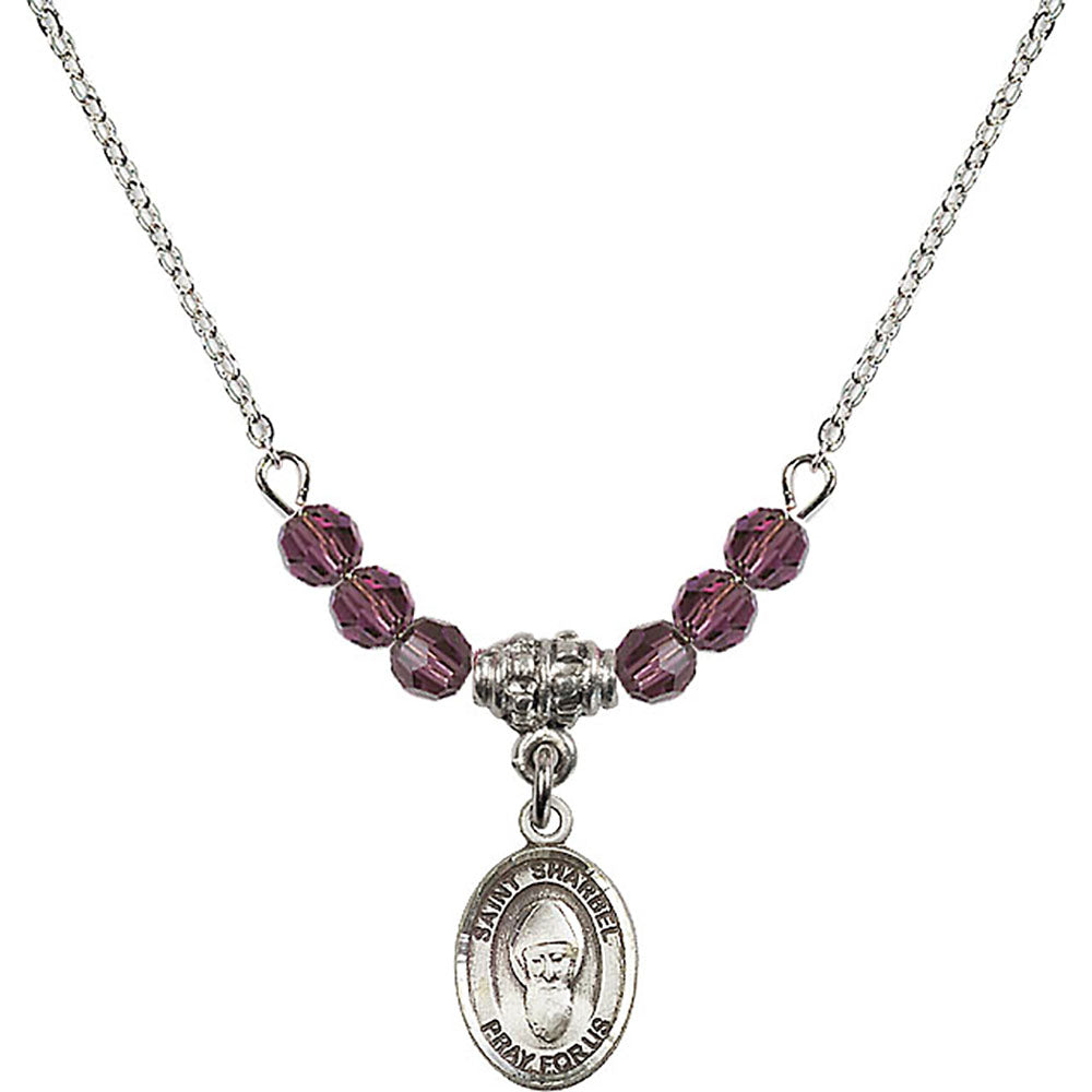 Sterling Silver Saint Sharbel Birthstone Necklace with Amethyst Beads - 9271