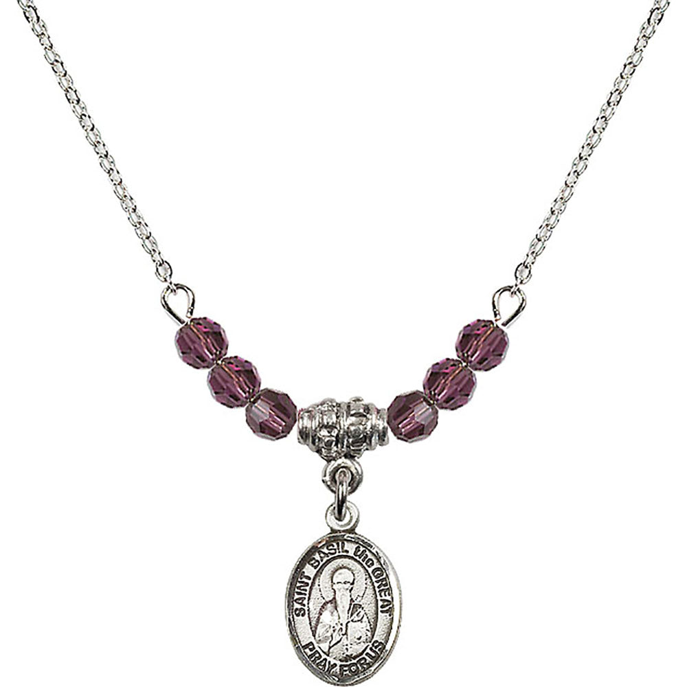 Sterling Silver Saint Basil the Great Birthstone Necklace with Amethyst Beads - 9275