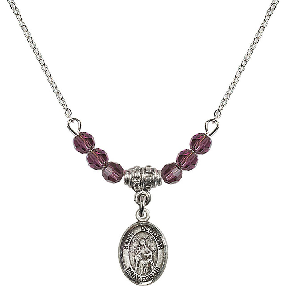 Sterling Silver Saint Deborah Birthstone Necklace with Amethyst Beads - 9286