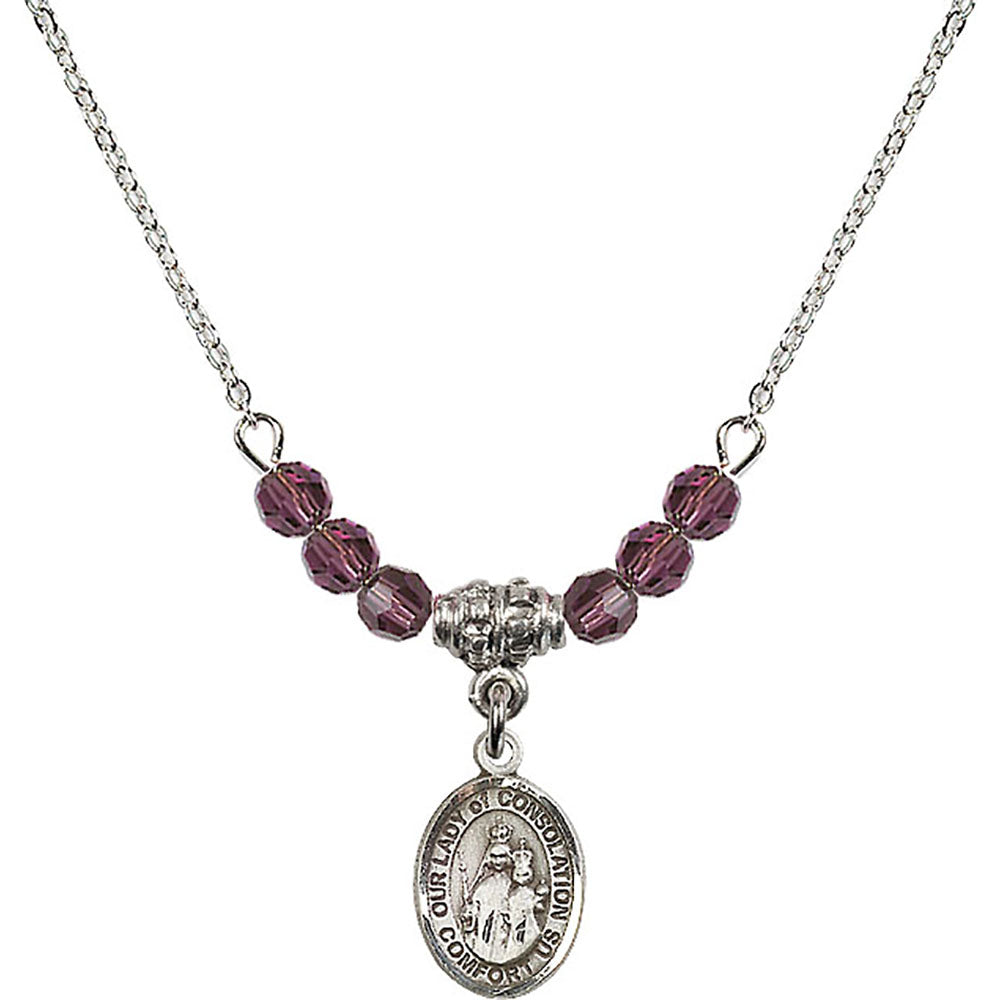 Sterling Silver Our Lady of Consolation Birthstone Necklace with Amethyst Beads - 9292