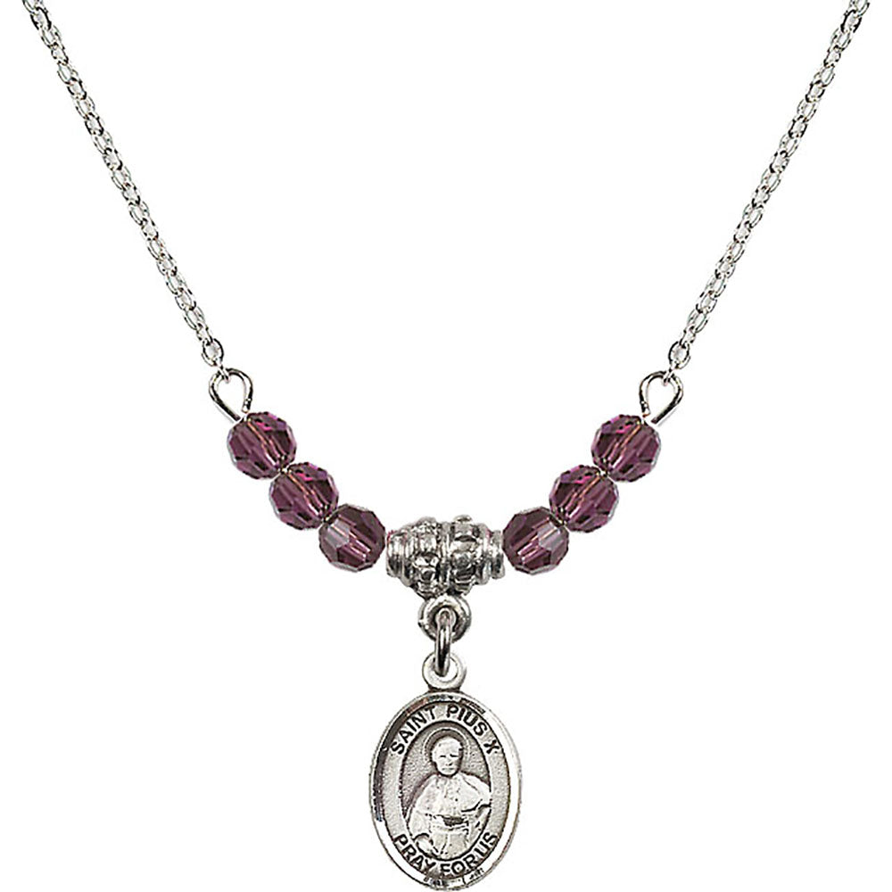 Sterling Silver Saint Pius X Birthstone Necklace with Amethyst Beads - 9305