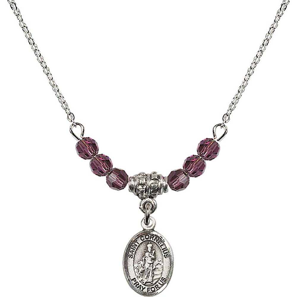 Sterling Silver Saint Cornelius Birthstone Necklace with Amethyst Beads - 9325