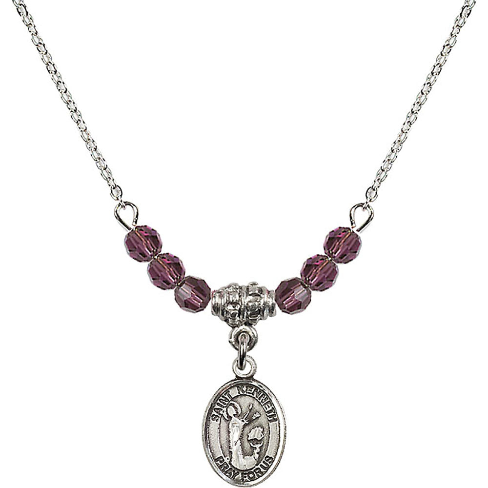 Sterling Silver Saint Kenneth Birthstone Necklace with Amethyst Beads - 9332