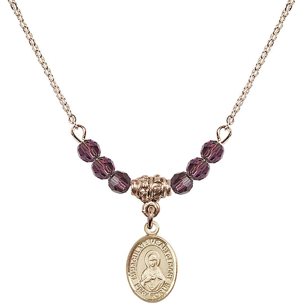 14kt Gold Filled Immaculate Heart of Mary Birthstone Necklace with Amethyst Beads - 9337