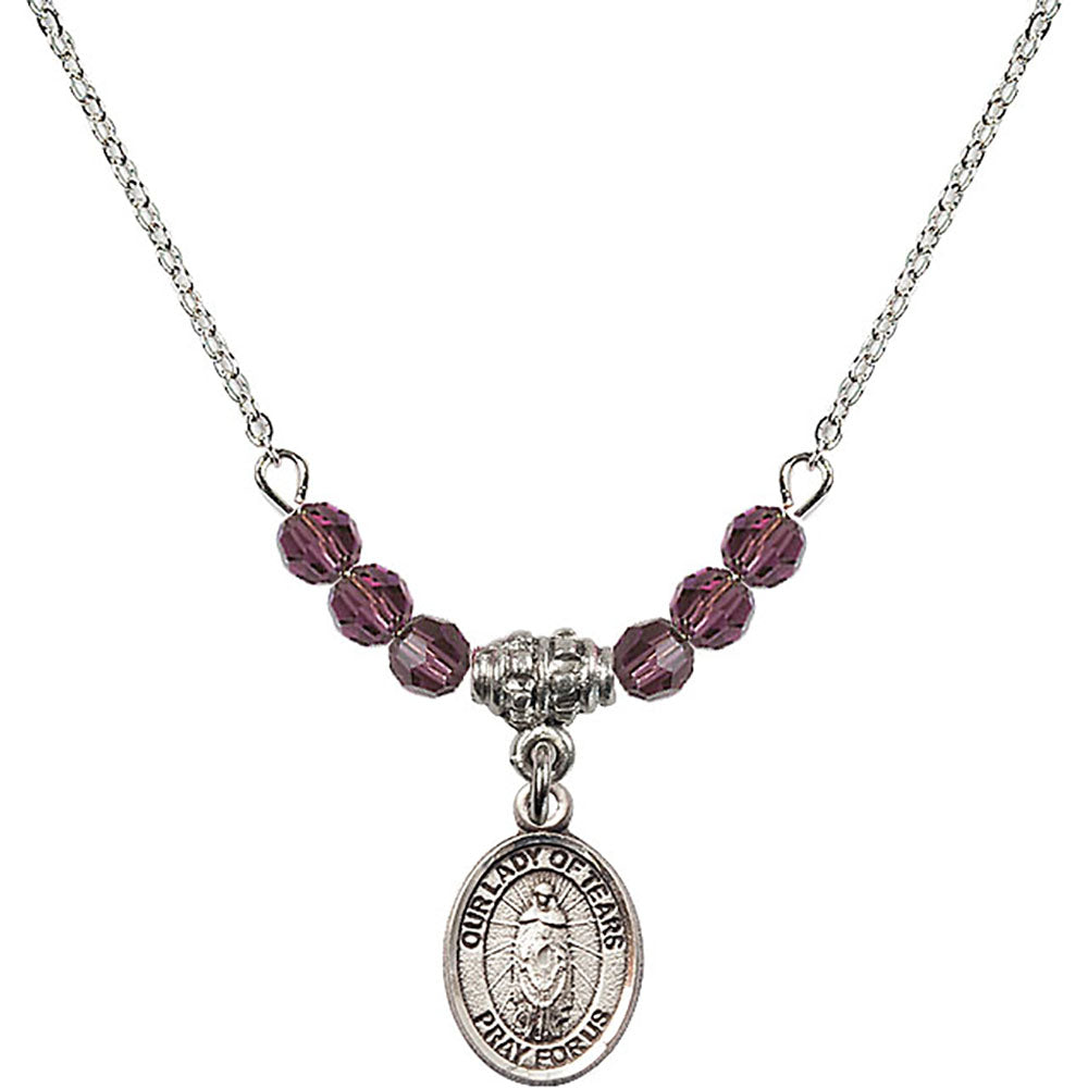 Sterling Silver Our Lady of Tears Birthstone Necklace with Amethyst Beads - 9346