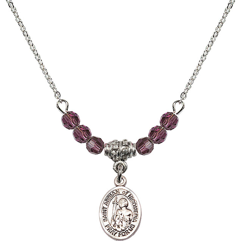 Sterling Silver Saint Adrian of Nicomedia Birthstone Necklace with Amethyst Beads - 9353