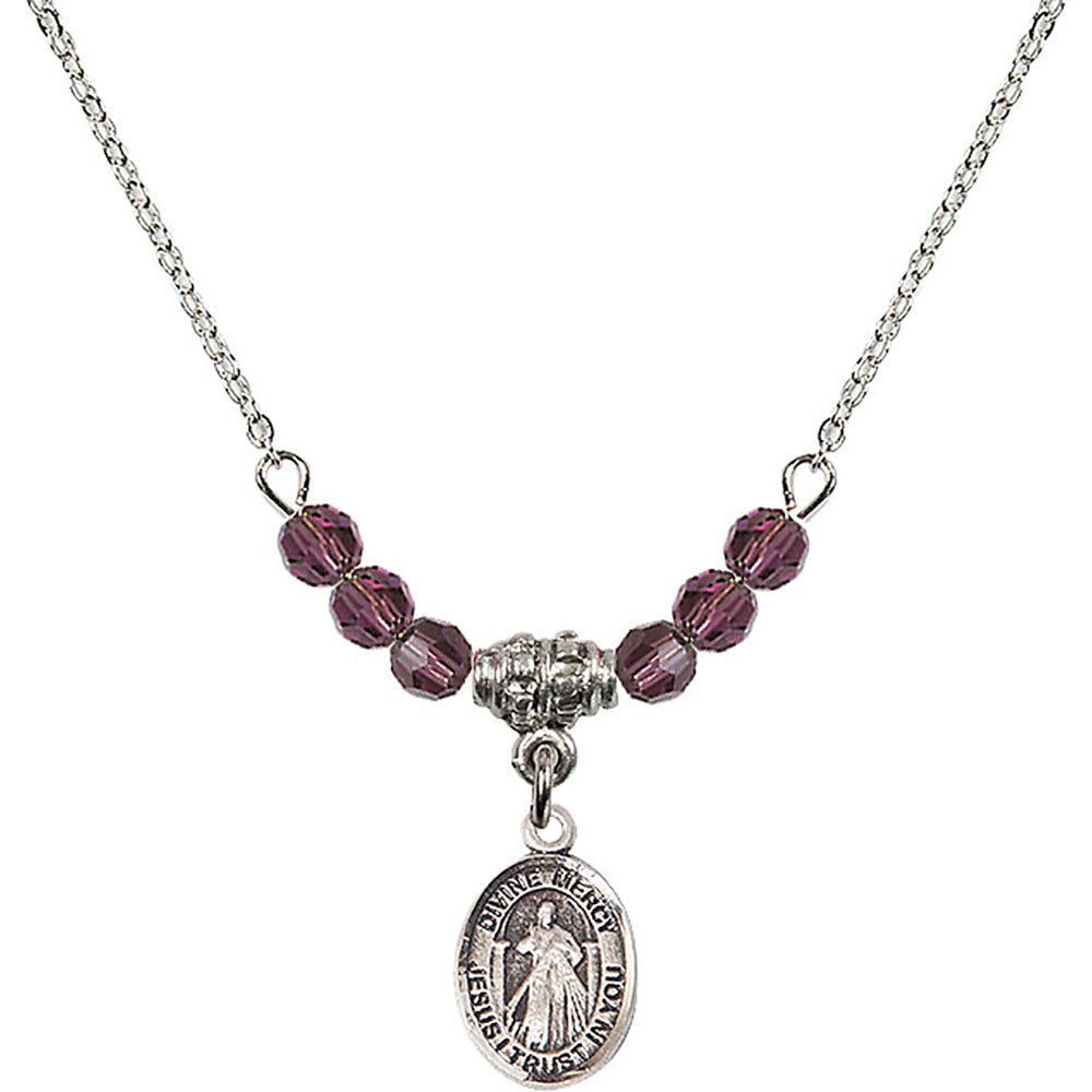 Sterling Silver Divine Mercy Birthstone Necklace with Amethyst Beads - 9366