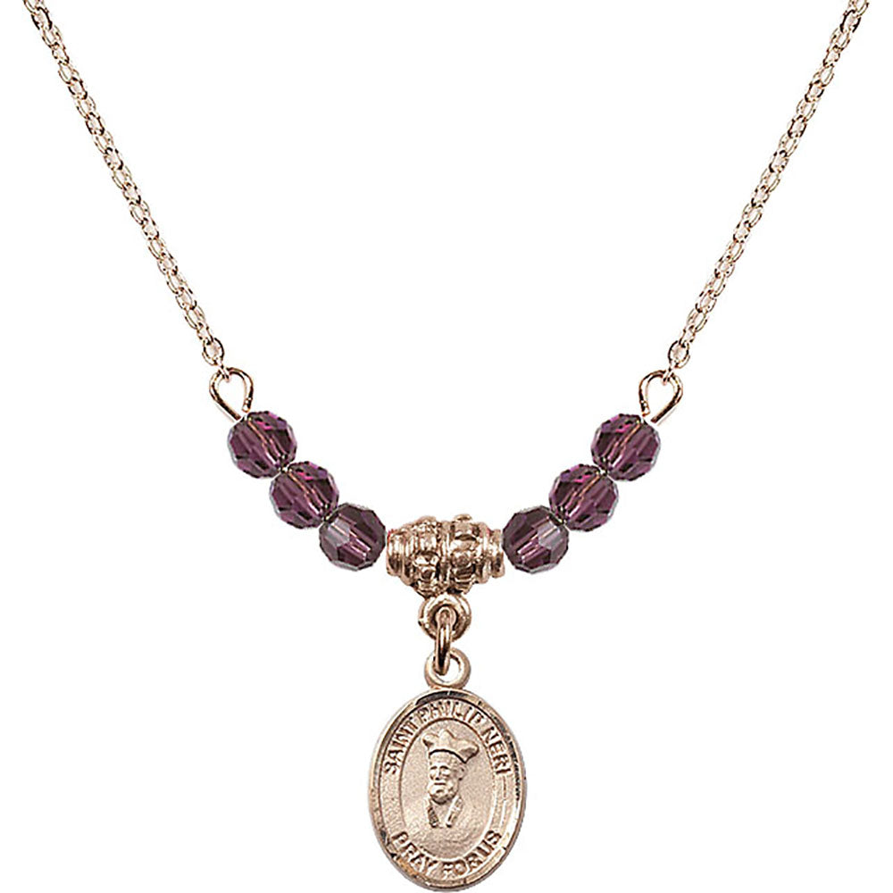 14kt Gold Filled Saint Philip Neri Birthstone Necklace with Amethyst Beads - 9369