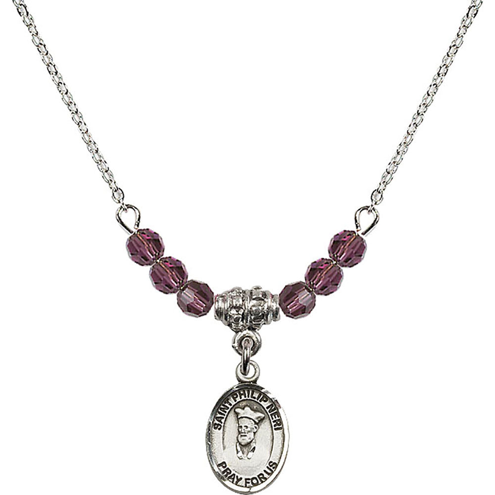 Sterling Silver Saint Philip Neri Birthstone Necklace with Amethyst Beads - 9369