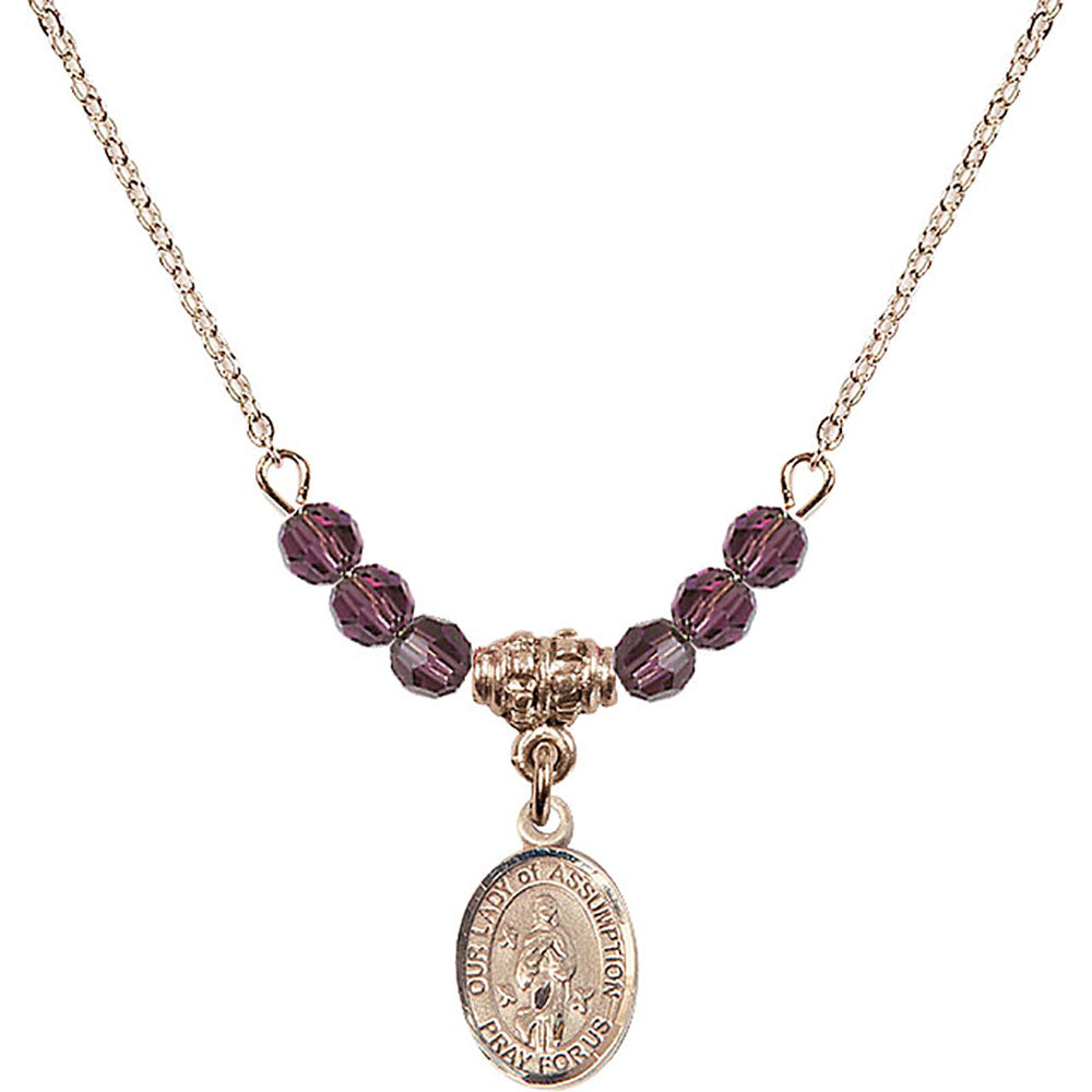 14kt Gold Filled Our Lady of Assumption Birthstone Necklace with Amethyst Beads - 9388