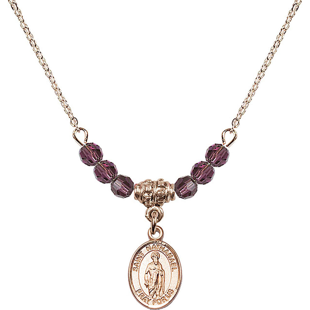 14kt Gold Filled Saint Nathanael Birthstone Necklace with Amethyst Beads - 9398