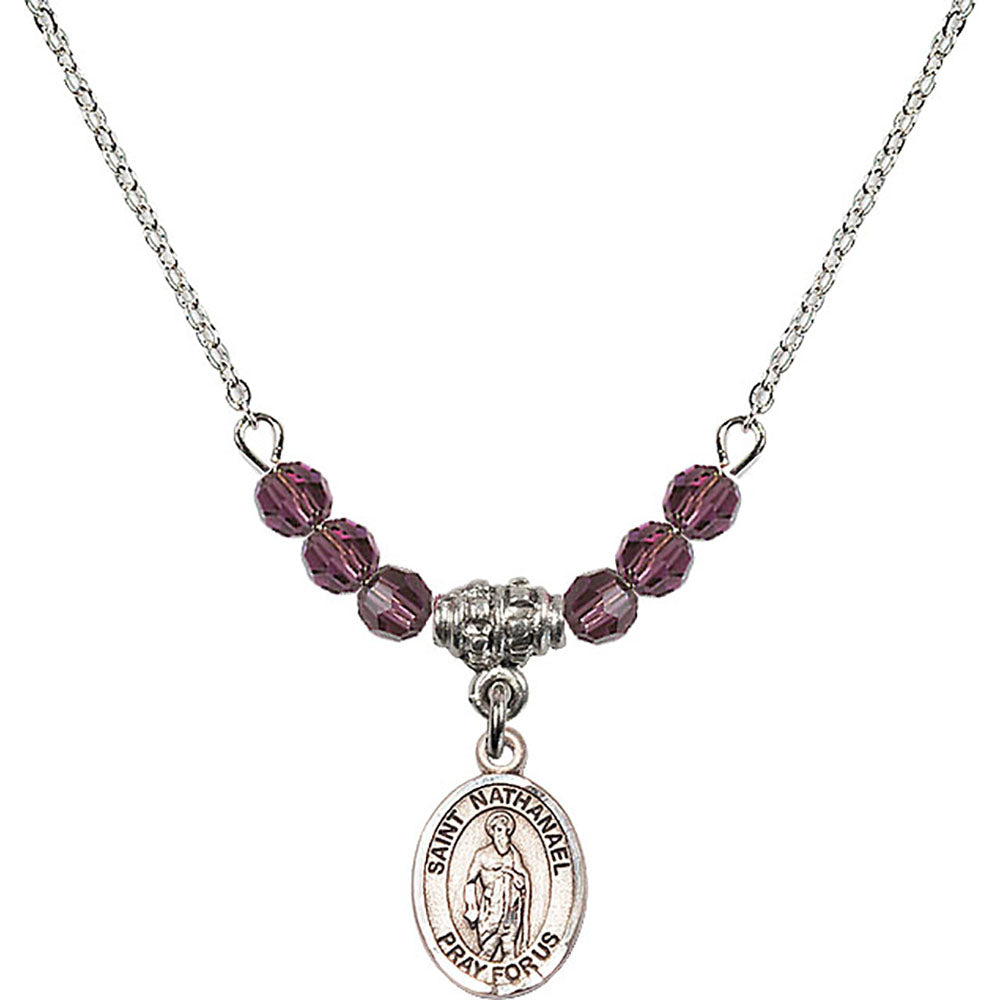 Sterling Silver Saint Nathanael Birthstone Necklace with Amethyst Beads - 9398