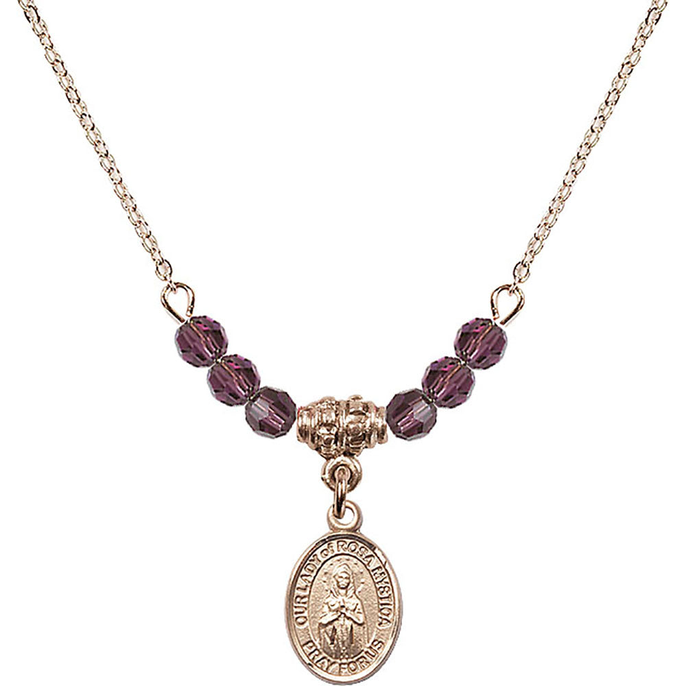 14kt Gold Filled Our Lady of Rosa Mystica Birthstone Necklace with Amethyst Beads - 9413