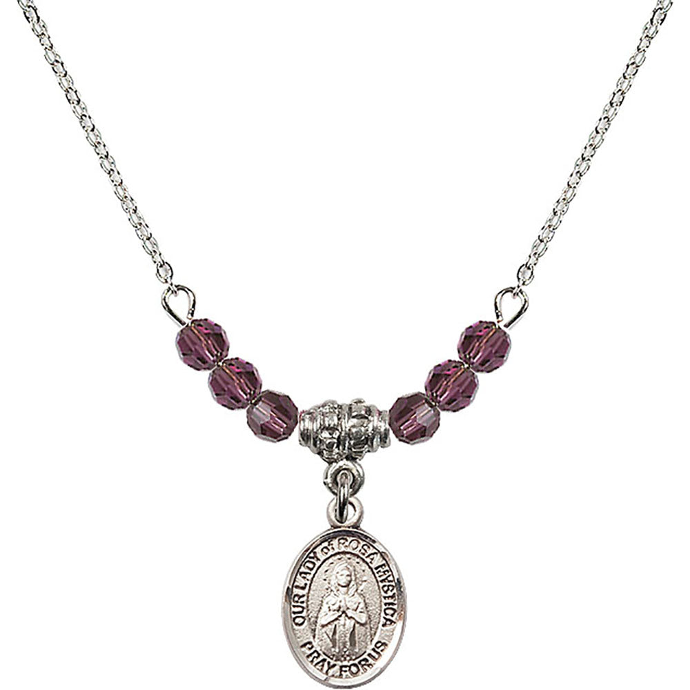 Sterling Silver Our Lady of Rosa Mystica Birthstone Necklace with Amethyst Beads - 9413