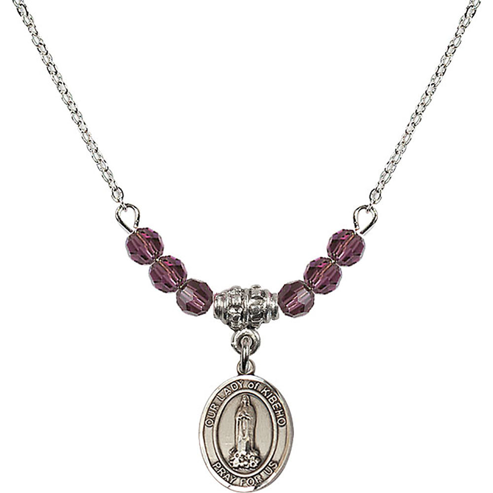 Sterling Silver Our Lady of Kibeho Birthstone Necklace with Amethyst Beads - 9414