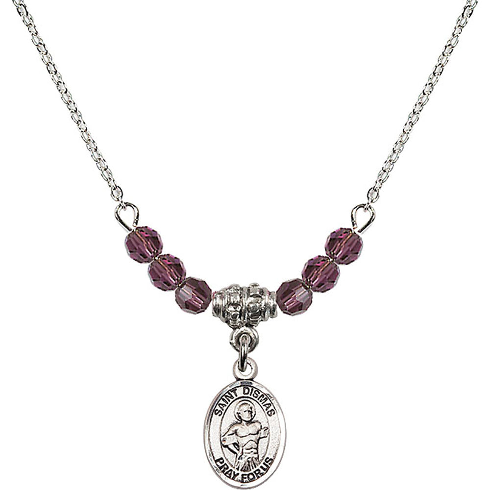 Sterling Silver Saint Dismas Birthstone Necklace with Amethyst Beads - 9418