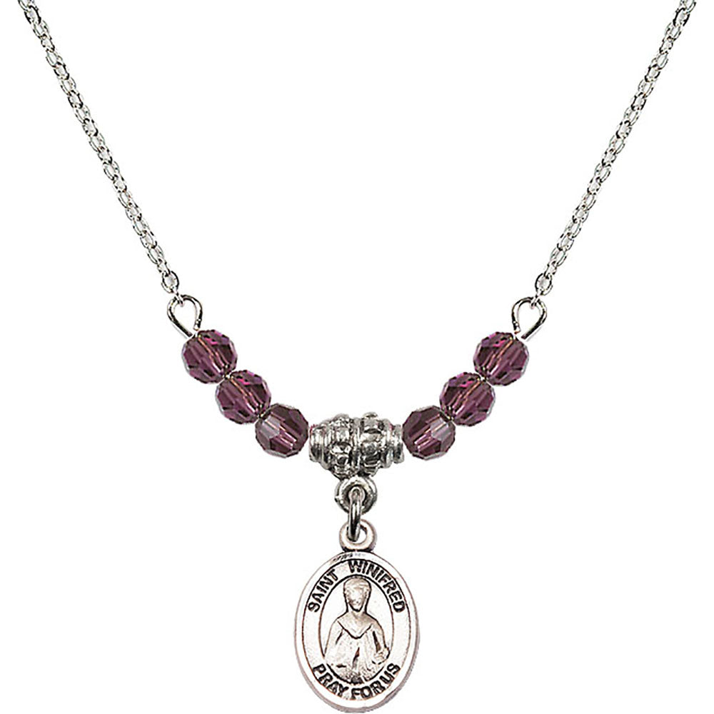 Sterling Silver Saint Winifred of Wales Birthstone Necklace with Amethyst Beads - 9419